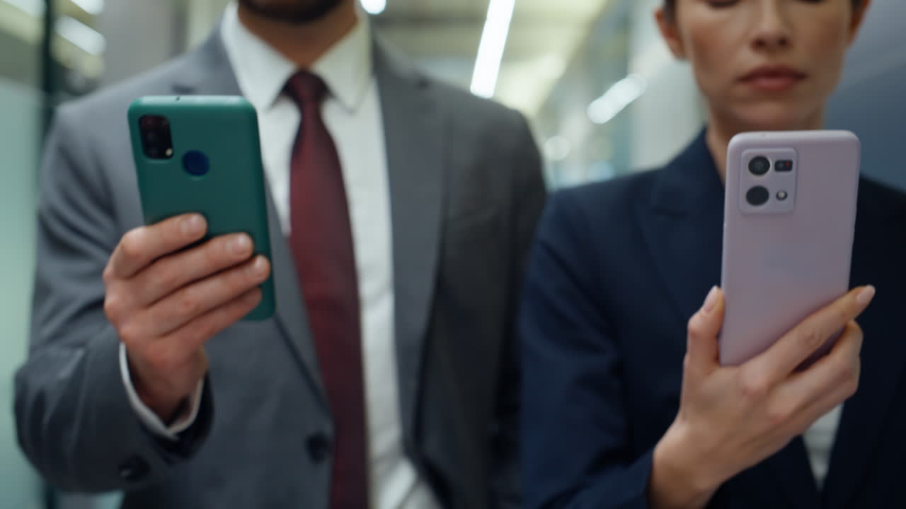 Businesspeople hands holding smartphones walking hall closeup. Formal managers