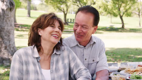 senior mixed race couple sitting in park looking to camera