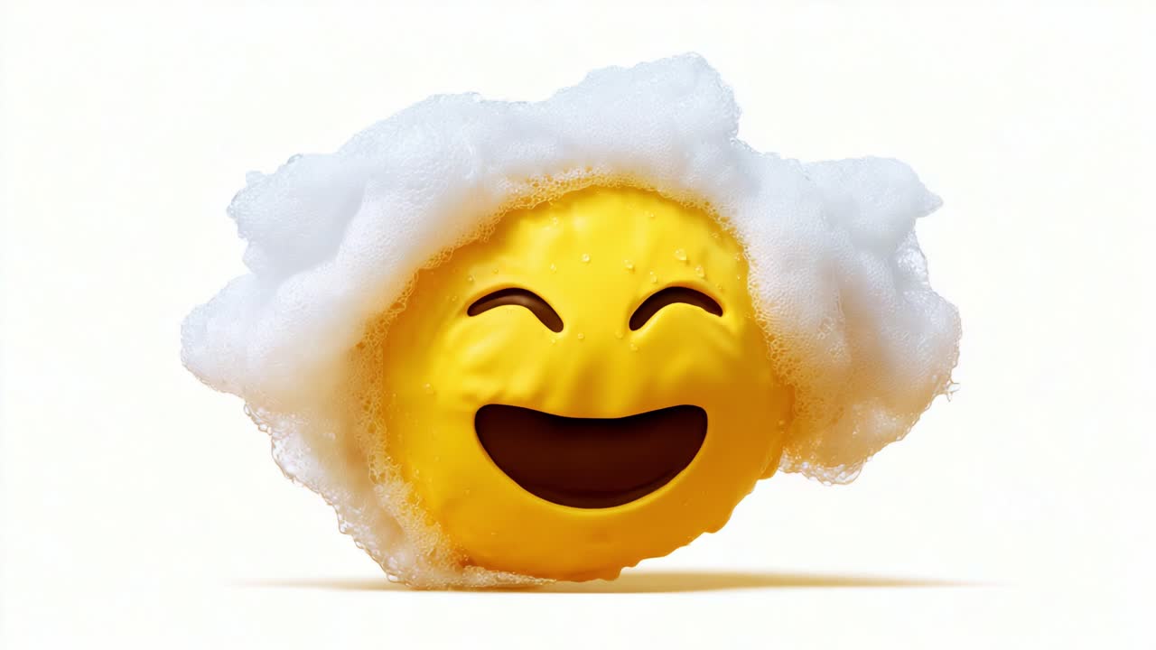 A Cheerful Yellow Emoji Emerging from a Foamy Bubble Bath with a Beaming Smile, Symbolizing Joy and Playfulness in a Clean and Whimsical Context
