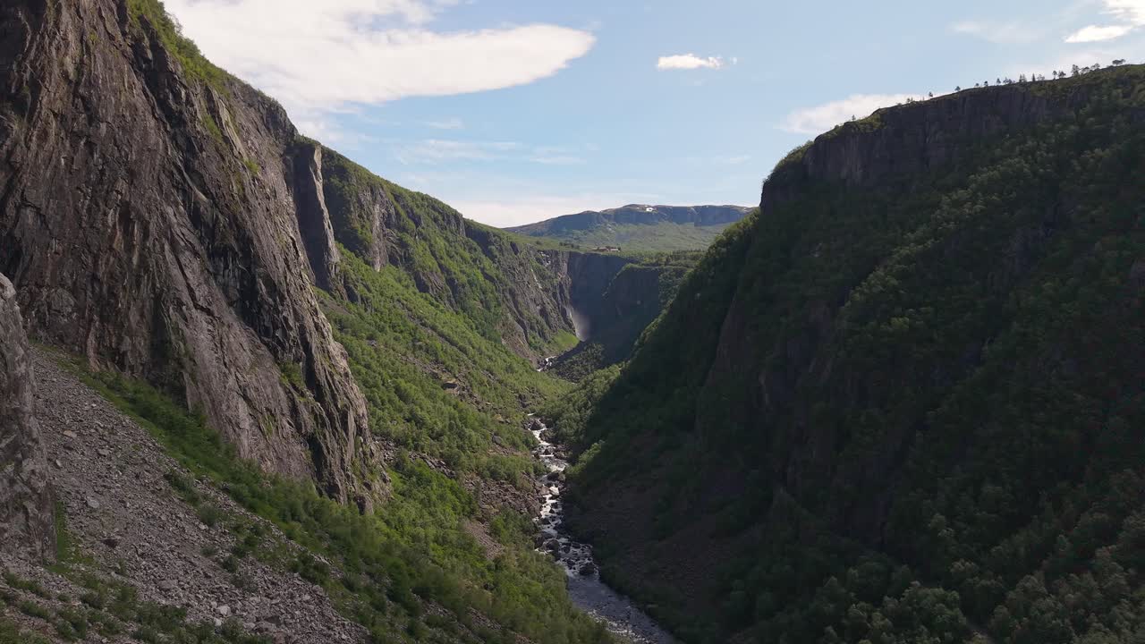 Bjoreio River Flowing Along The Mountains Near Voringsfossen In Voringsfoss, Norway. - aerial shot