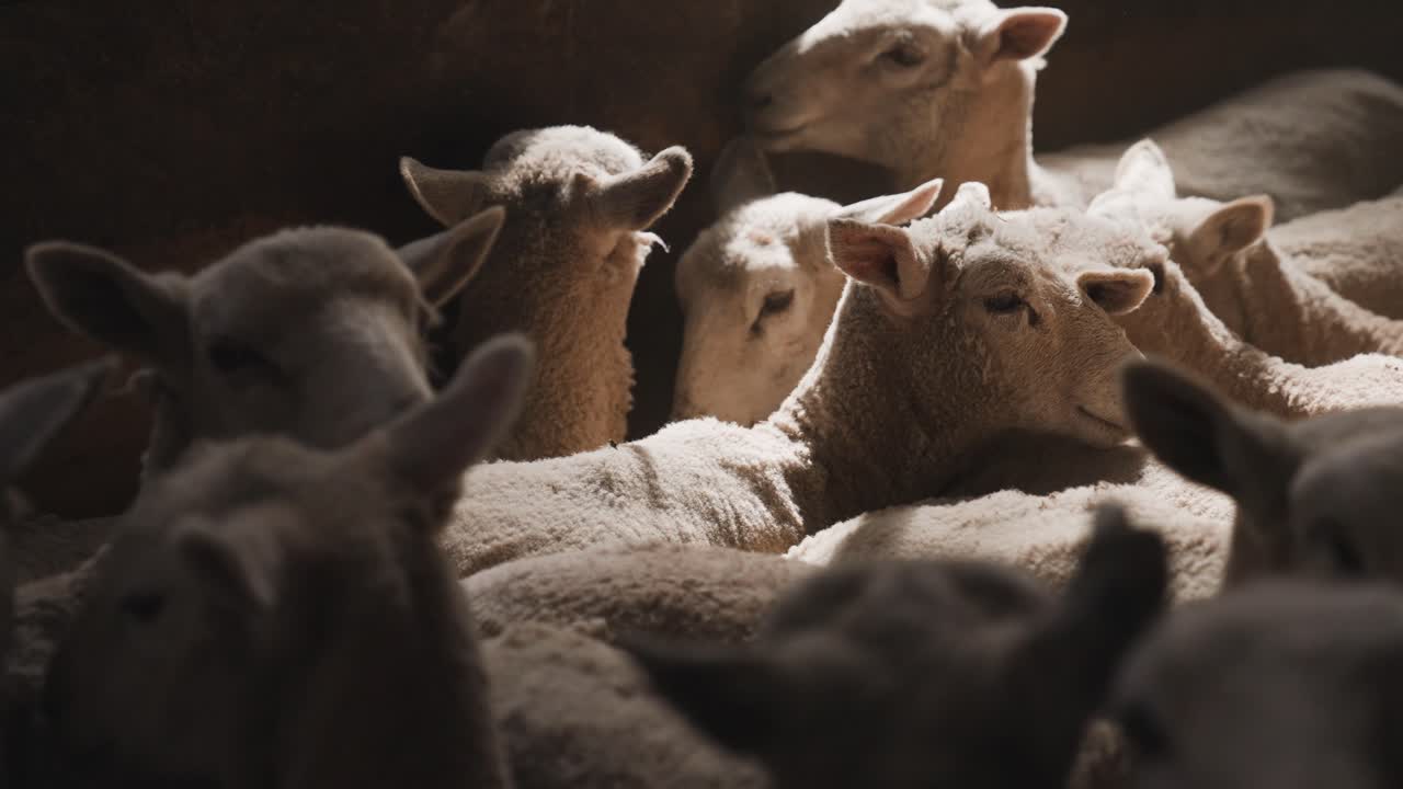 Crammed herd of sheep indoor stable with sunlight from window, no moving space, animal cruelty,