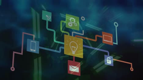 Animation of network of digital icons against neon tunnel in seamless pattern