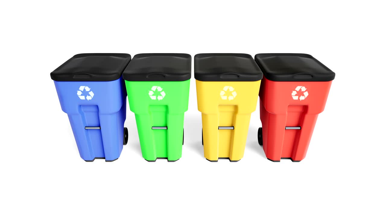 Four colorful plastic garbage bins with recycling logo. Isolated on white background.