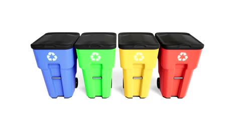 four colorful plastic garbage bins with recycling logo. isolated on white background.