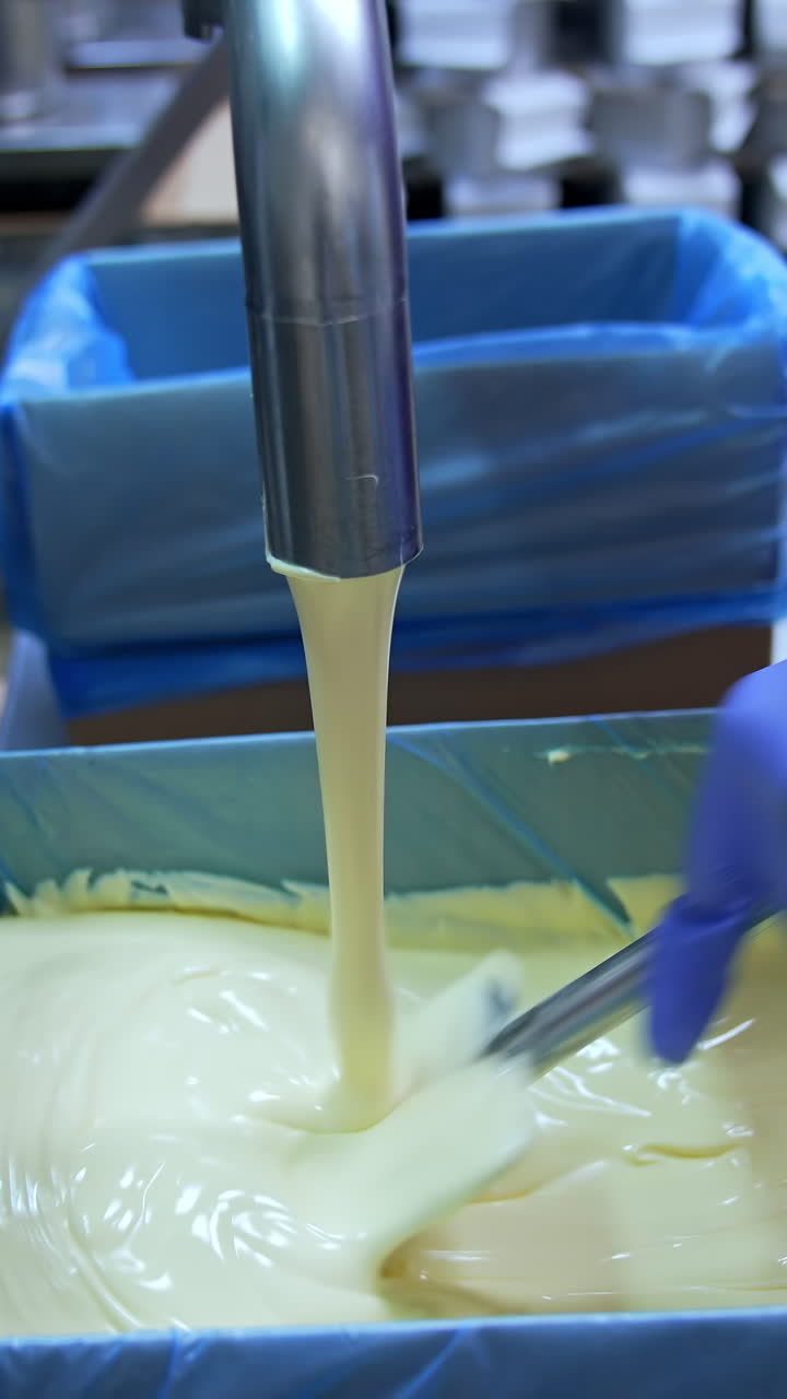 Producing butter food industry. Industrial making cheese in big factory. Vertical video