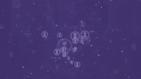 animación de la red de conexión y los iconos de perfil flotando contra un fondo púrpura