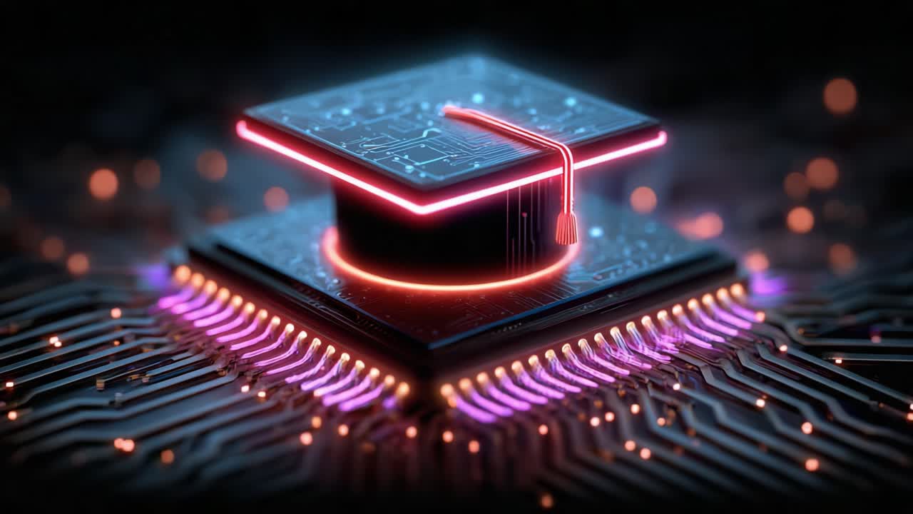 A Futuristic Graduation Cap Resting on a Computer Chip, Merging Education and Technology with Glowing Circuits and Illuminated Elements