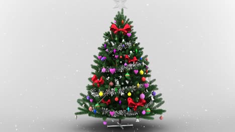 Animation-of-snow-falling-over-christmas-tree-on-white-background