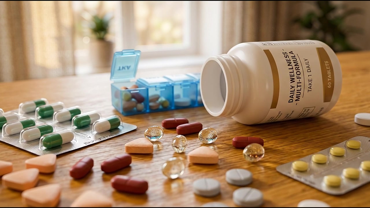 Surtido de tabletas de medicamentos y pastillas recetadas junto a herramientas de terapia en un entorno sanitario moderno y luminoso.