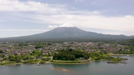 aerial of iconic and majestic volcano mount fuji with scenic landscape, lake kawaguchi, village, and snow-capped peak on clear sunny day in fuji, japan