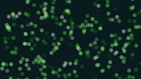 a digital image of green circles against a black backdrop arranged in a circular pattern, some overlapping while others spaced out. ideal for website or app backgrounds