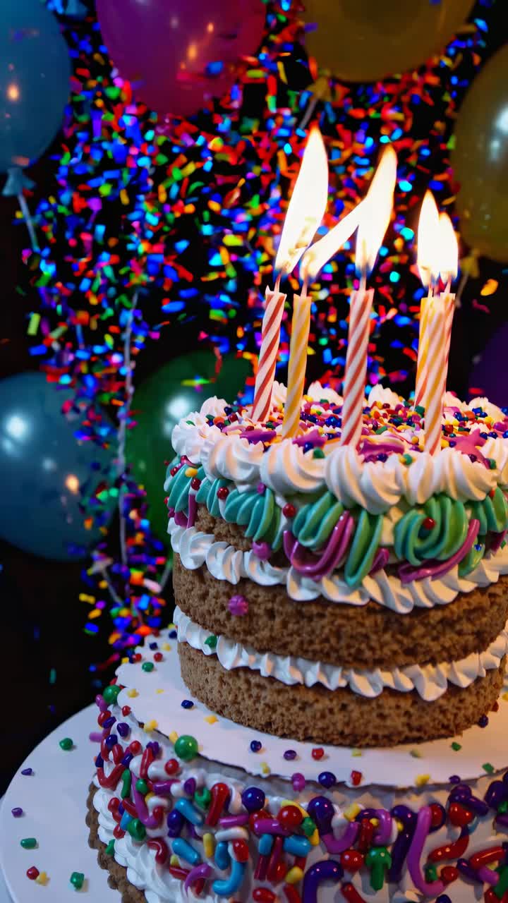 Close-up video of a colorful, multi-layered cake with lit candles, surrounded by balloons