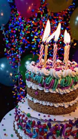 close-up video of a colorful, multi-layered cake with lit candles, surrounded by balloons