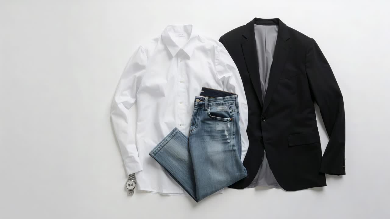 Zoom della camera che si avvicina su un flat-lay da studio, rivelando camicia bianca, jeans, blazer nero, orologio