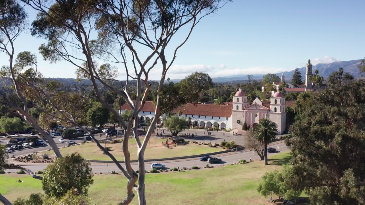 Rising aerial shot revealing the historic Mission Santa Barbara in Southern California. 4K