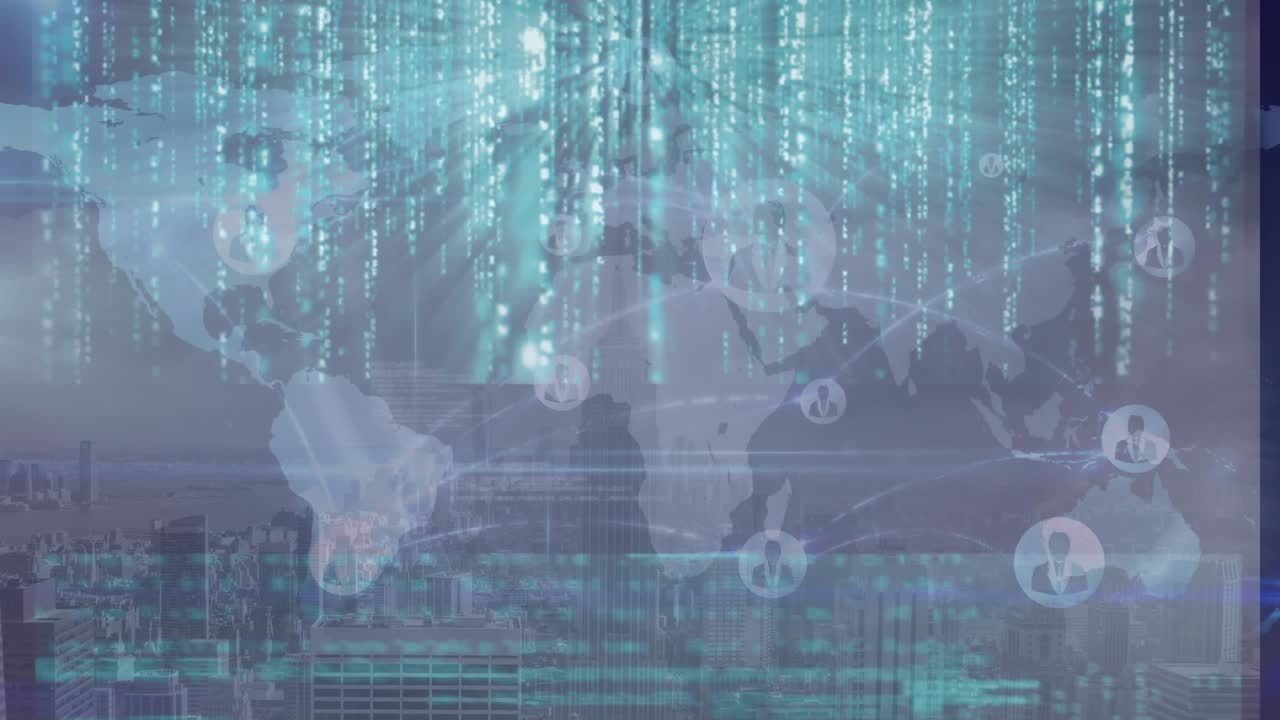 Animazione dell'elaborazione dati su un paesaggio urbano
