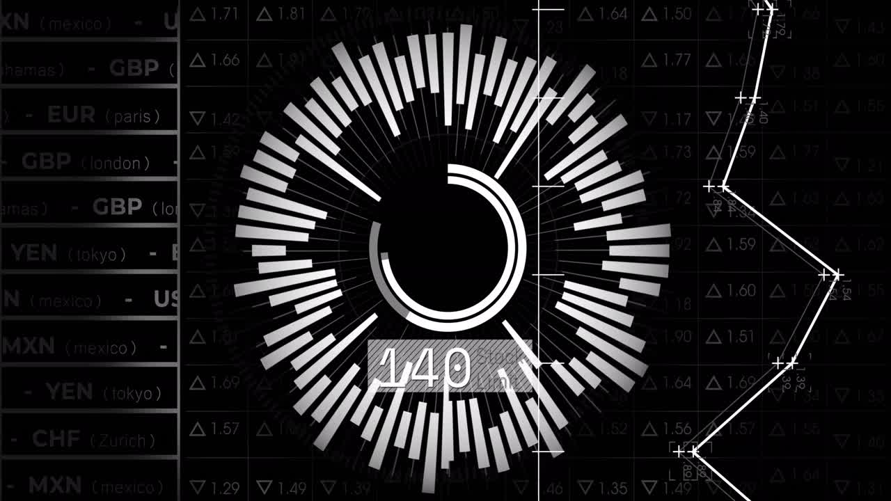 검은 바탕에 서클의 애니메이션과 금융 데이터 처리