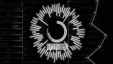 Animation of circles and financial data processing over black background