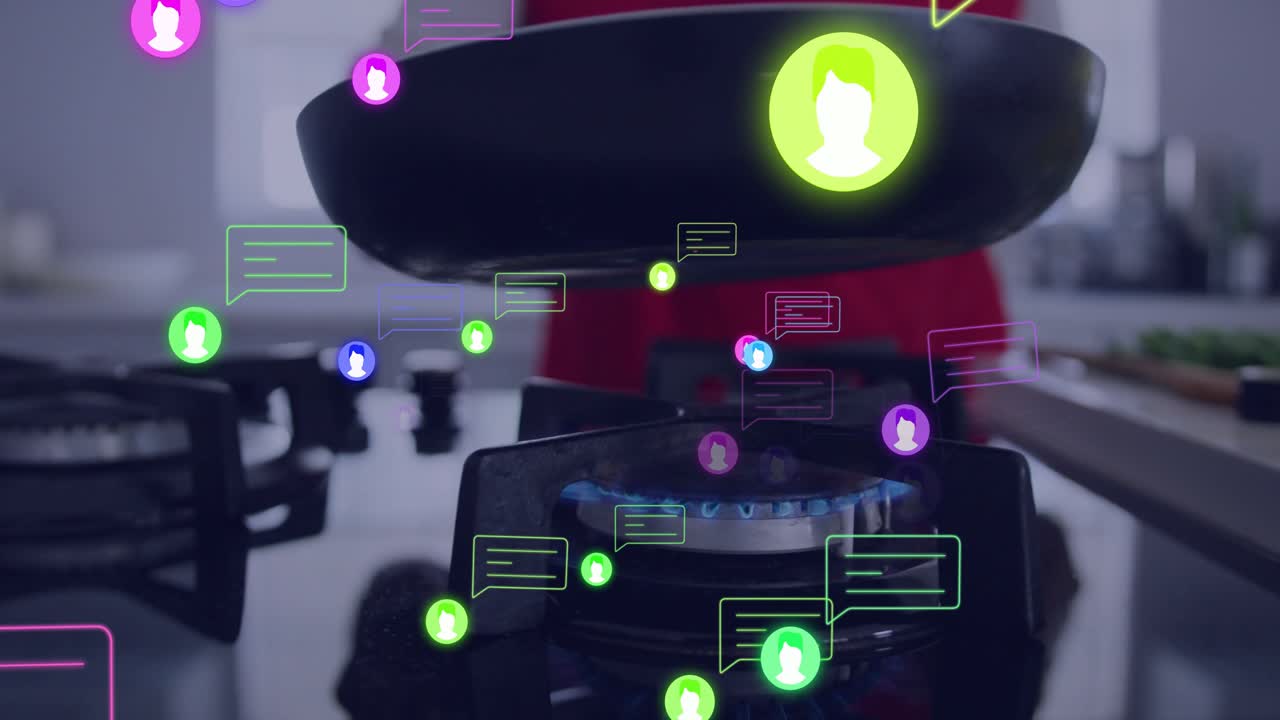 Gas burner igniting chat icons swirling around pan as woman stirring contents for technology demo
