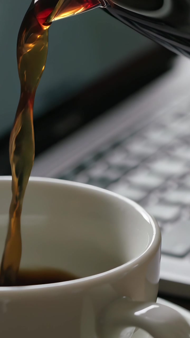 Vídeo vertical: Jarra inclinada derramando café escuro em uma caneca branca em uma mesa com laptop para trabalhar.