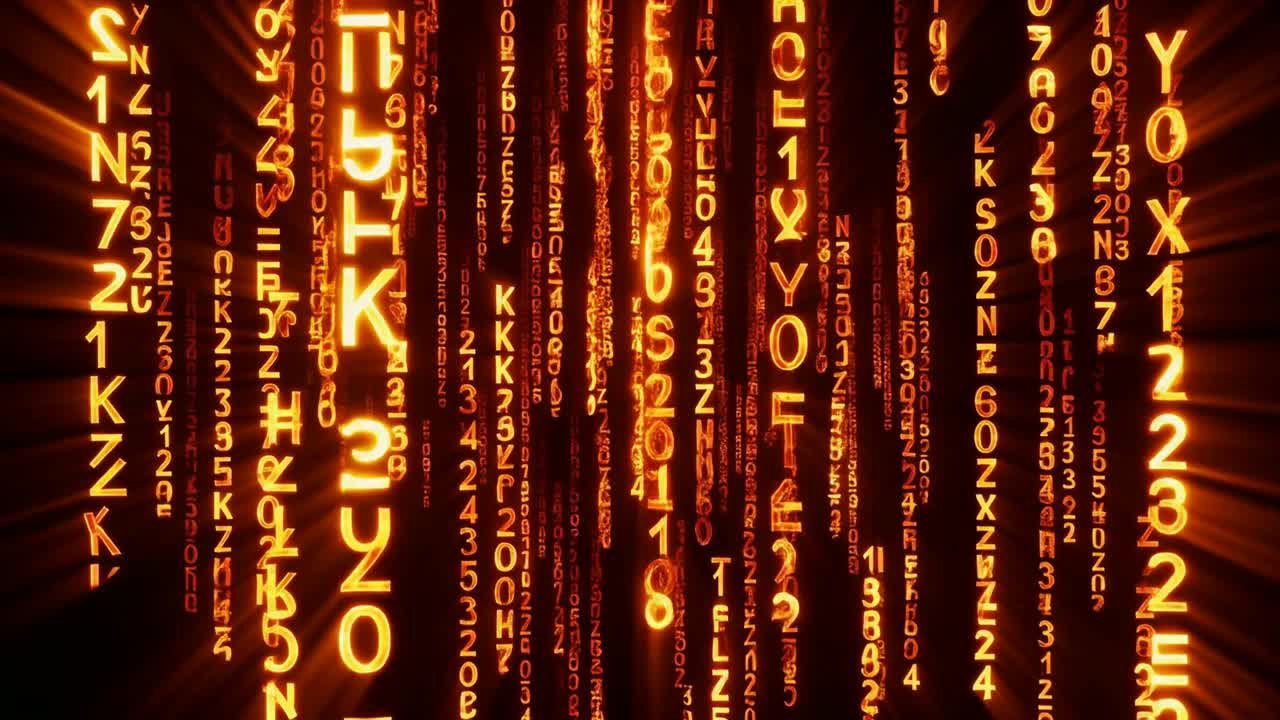 Gloeiende oranje Matrixcode die over een zwart scherm valt.
