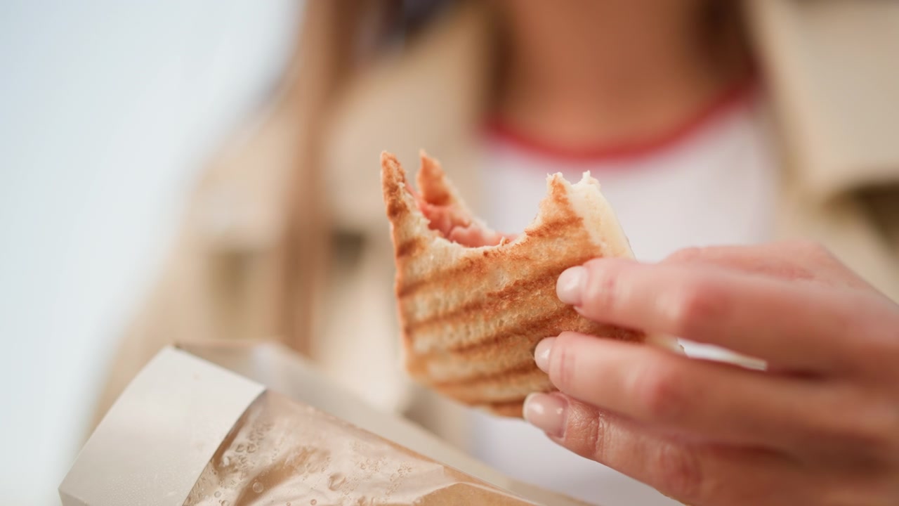 Close up of person holding and taking bites from grilled sandwich with visible grill marks. Hand holds partially eaten food item showing interaction between human hand and edible object