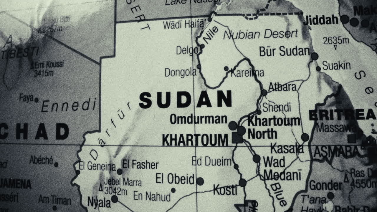 Close-up of a vintage map focusing on Sudan and its neighboring countries