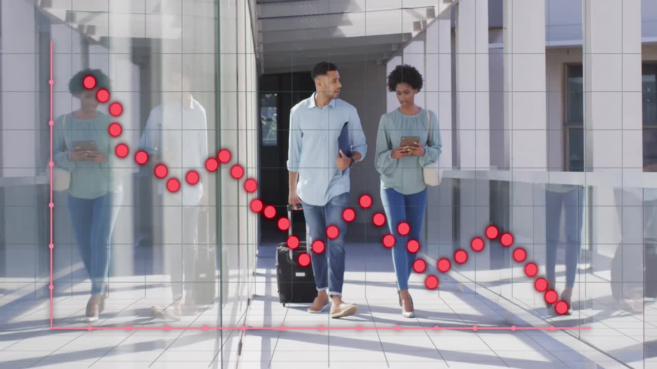 Animation of financial data processing over diverse business people in office