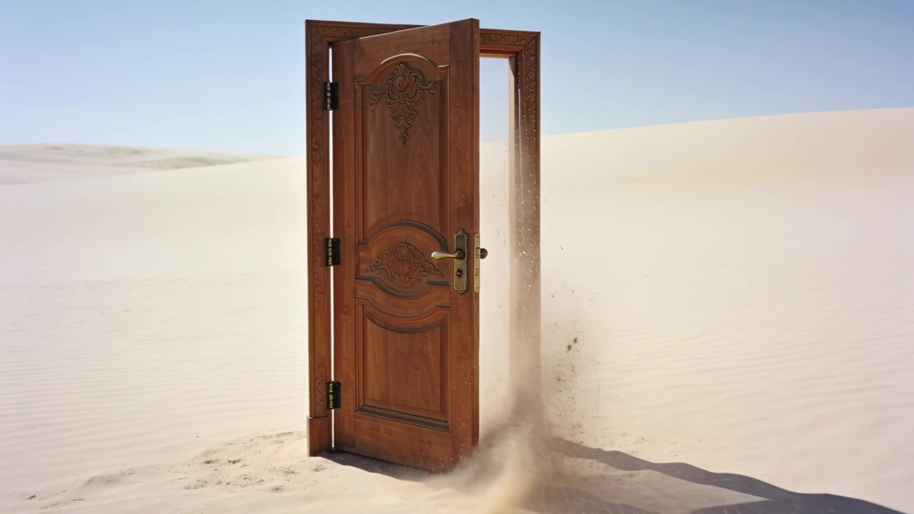 En svingende tredør som lukkes på en ørkenslette, mens lett vind løfter sand og strømmer inn gjennom åpningen.