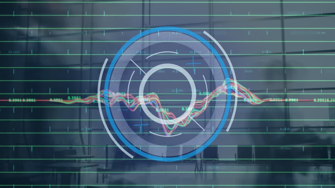 animación del escáner redondo de neón y procesamiento de datos contra el lapso de tiempo de las personas que caminan en la oficina