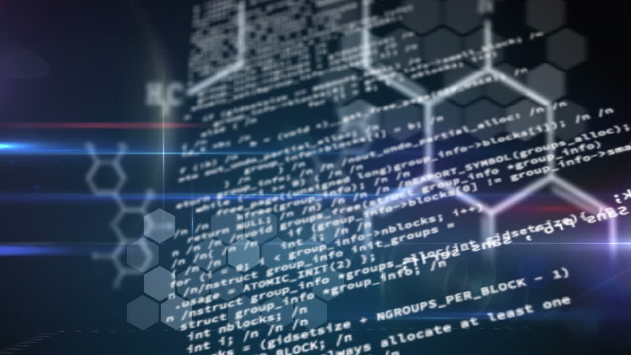 Animation of data processing and dna strand on black background