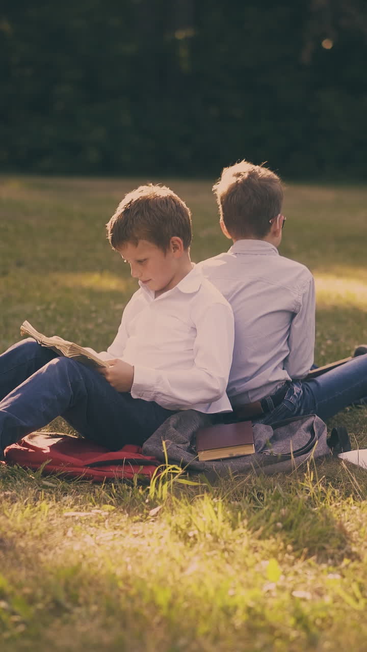 junior schoolboys read textbooks doing home assignments sitting back to back on lush grass in green garden