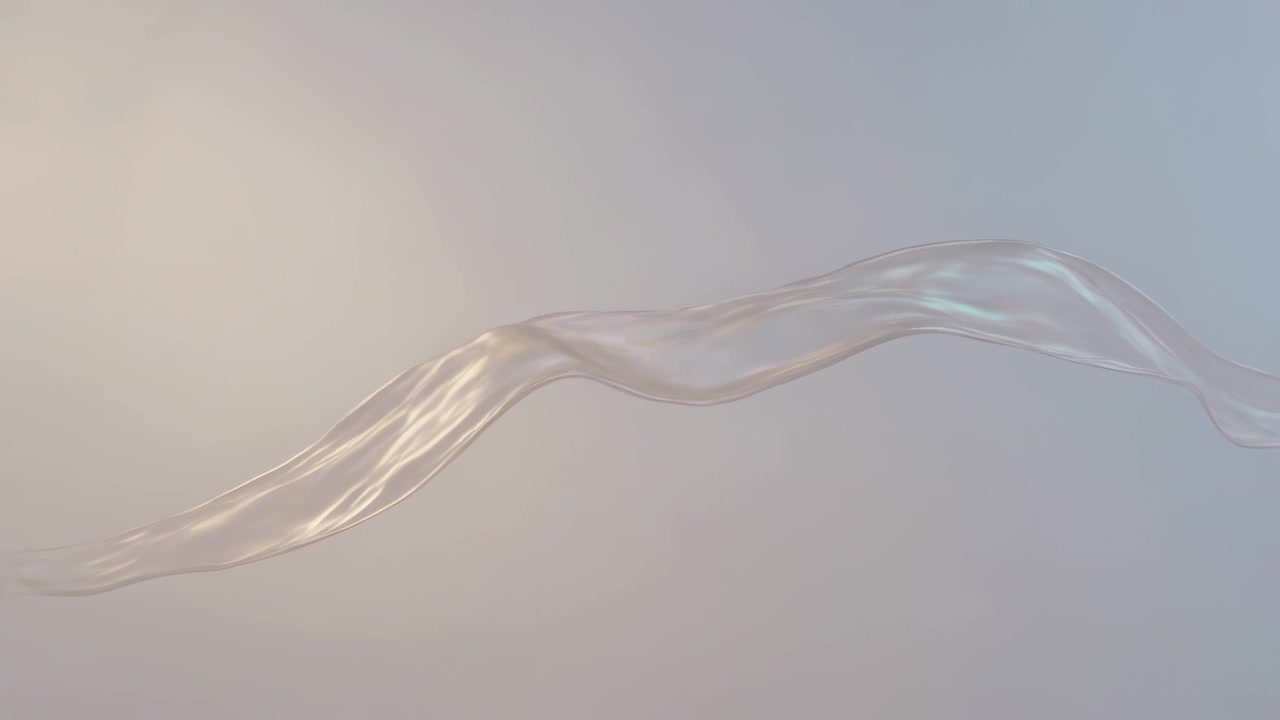 Gliding translucent ribbon shifting on clip start across gradient backdrop under diffuse left light