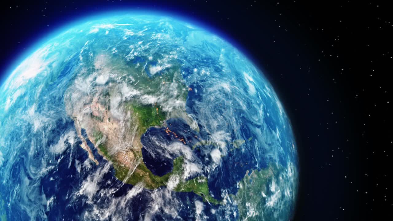 Earth rotating on axis in space with stars and cloud day and night rotation seamless loop animation