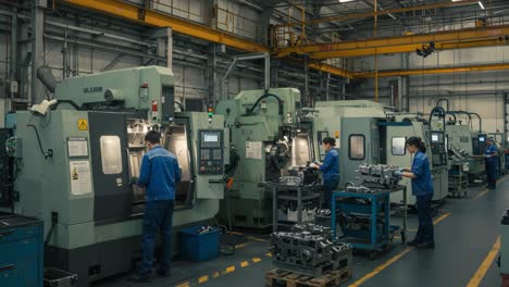a busy manufacturing facility showcasing precision machining operations with workers engaged in production tasks amidst advanced equipment and machinery