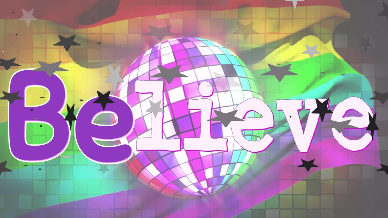 Animation of believe text in purple with black stars over disco ball and rainbow flag