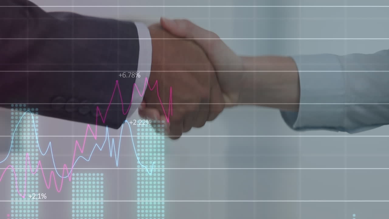 Animation of financial data processing ove caucasian business people shaking hands