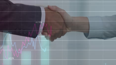 animation of financial data processing ove caucasian business people shaking hands