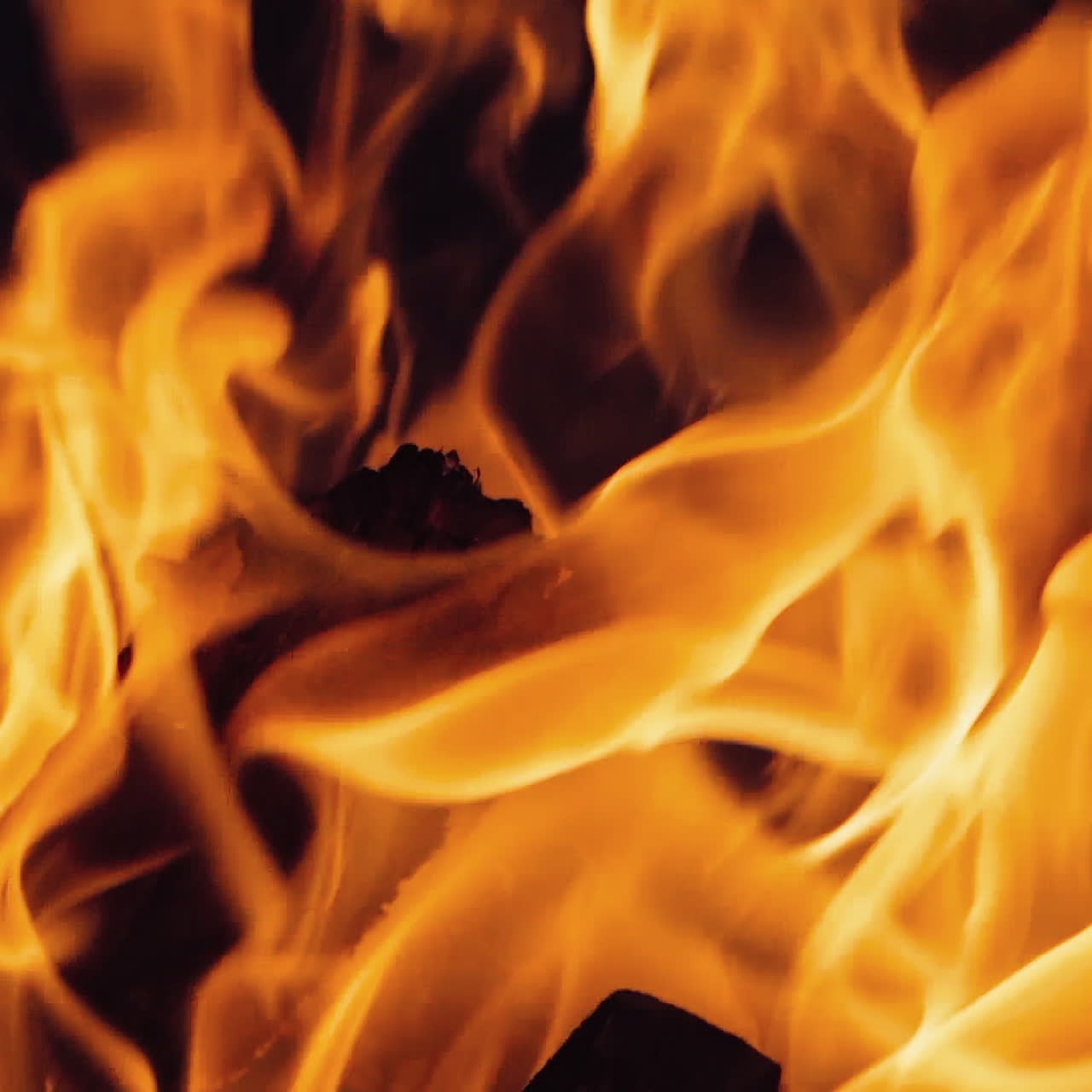 Falò che brucia di notte. Fiamme di fuoco su sfondo nero al rallentatore.