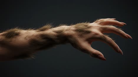 an artistic exploration of a human arm with furry texture depicting a blend of human and animal characteristics in a dark background