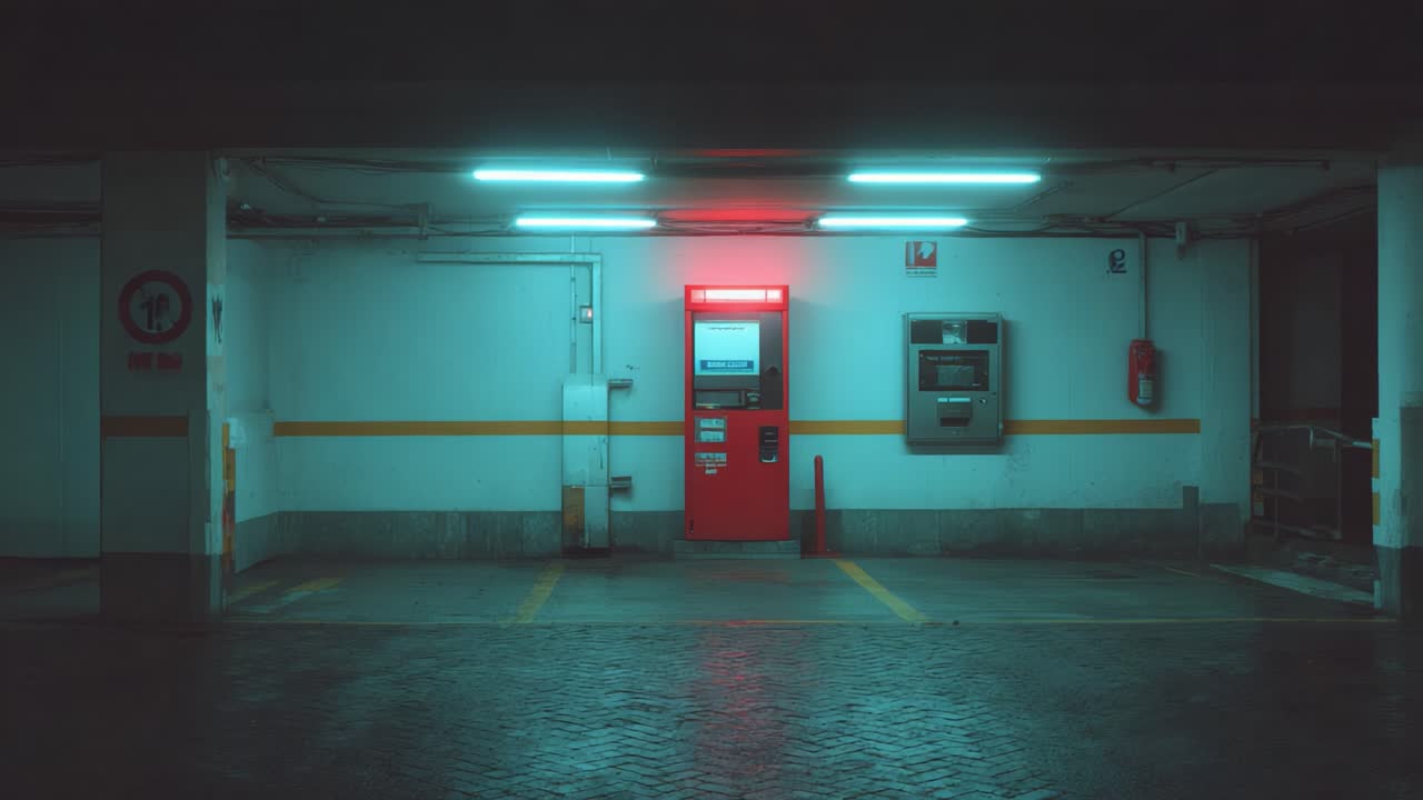 A Striking Visual Contrast of Neon Lights and Shadows Surrounding an ATM in a Dimly Lit Parking Garage