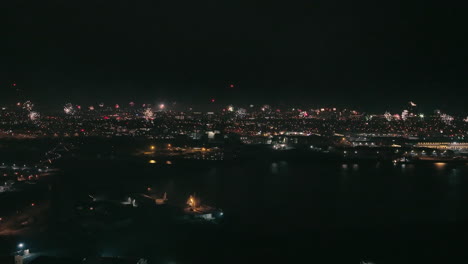 Stable-view-of-colorful-fireworks-above-night-city