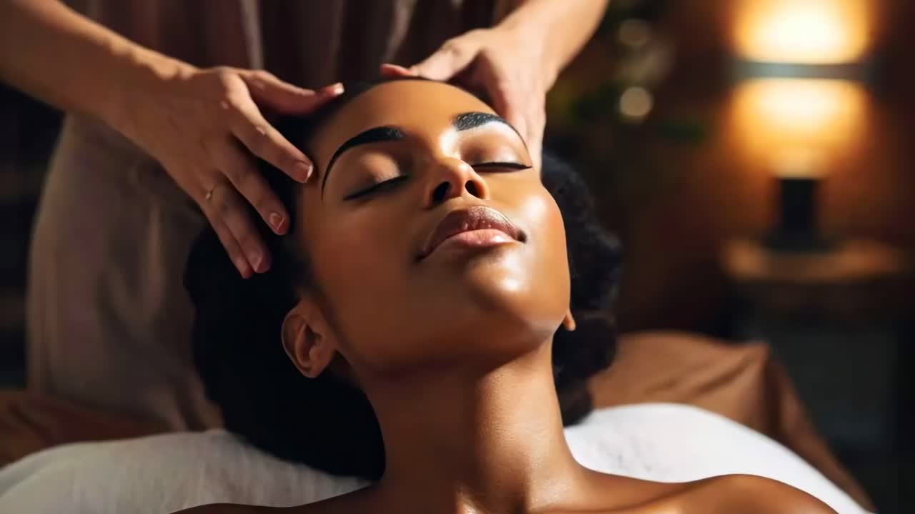 Close-up video of a serene woman receiving a head massage in a spa setting
