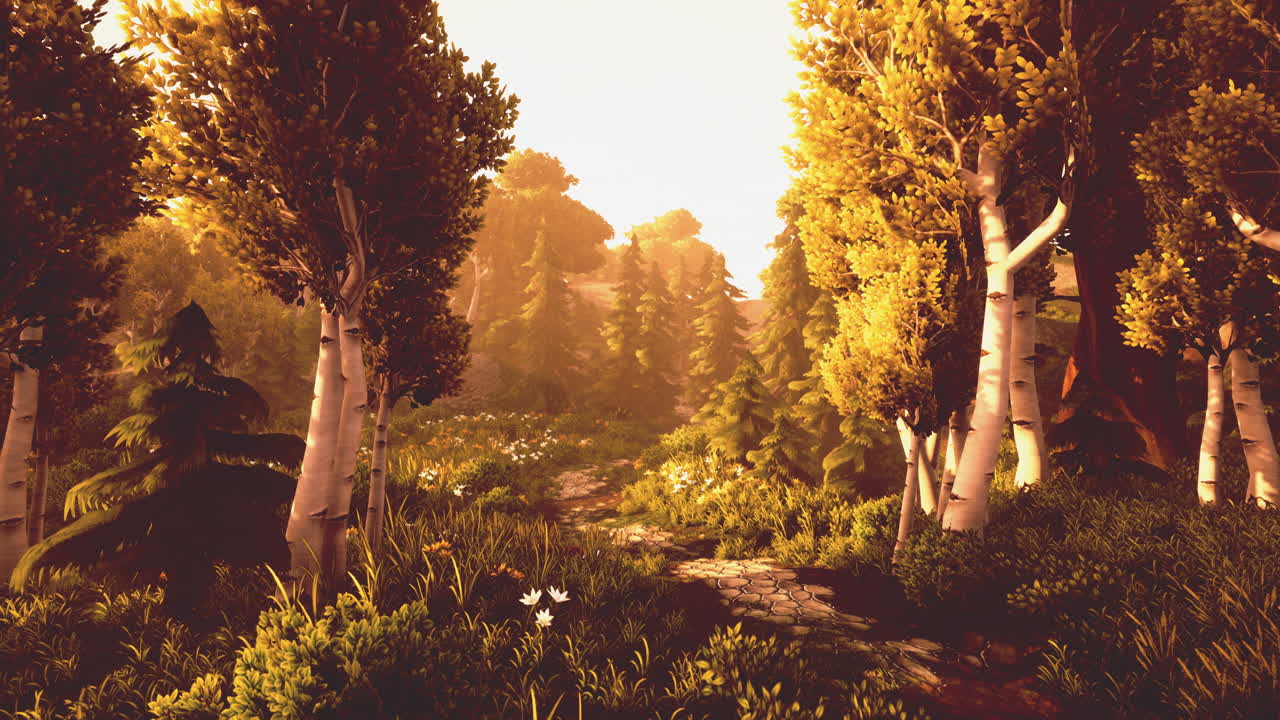 dibujo animado florecimiento del bosque verde en la puesta de sol