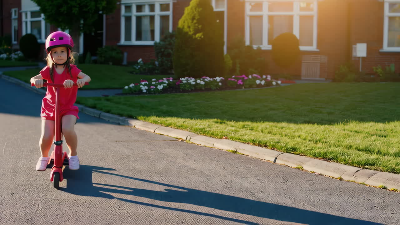 Young girl in a pink helmet learning to ride a balance bike outdoors