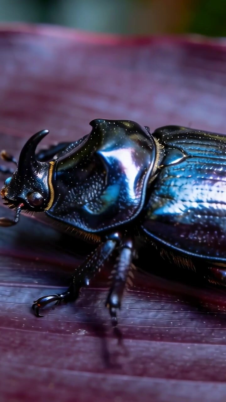 Vertical video: Crawling black rhino beetle moving on red leaf, flashing horn and elytra