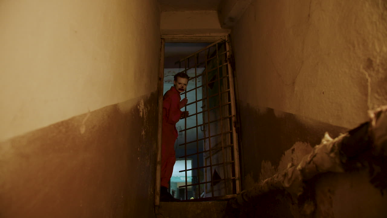 payaso aterrador en una casa abandonada