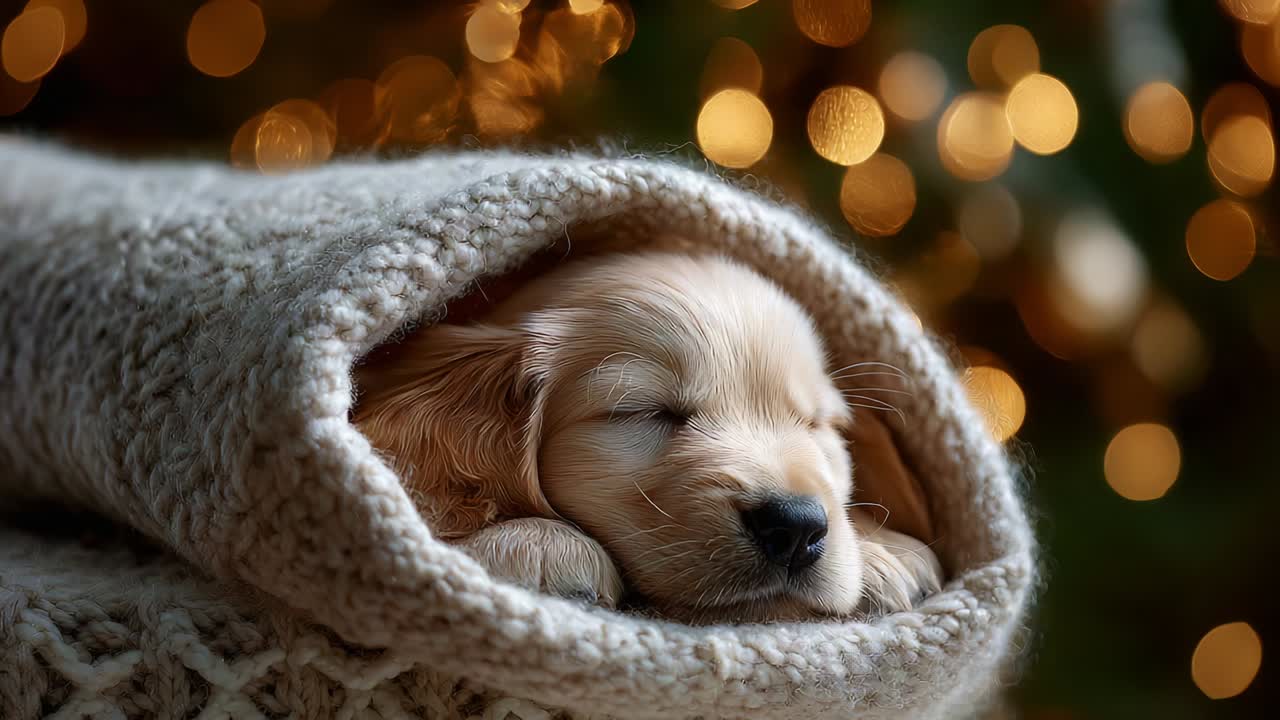 A Cozy Golden Retriever Puppy Snuggles in a Soft Knit Blanket Surrounded by a Warm Glowing Ambiance, Exemplifying Ultimate Comfort and Serenity While Sleeping Peacefully on a Winter Evening