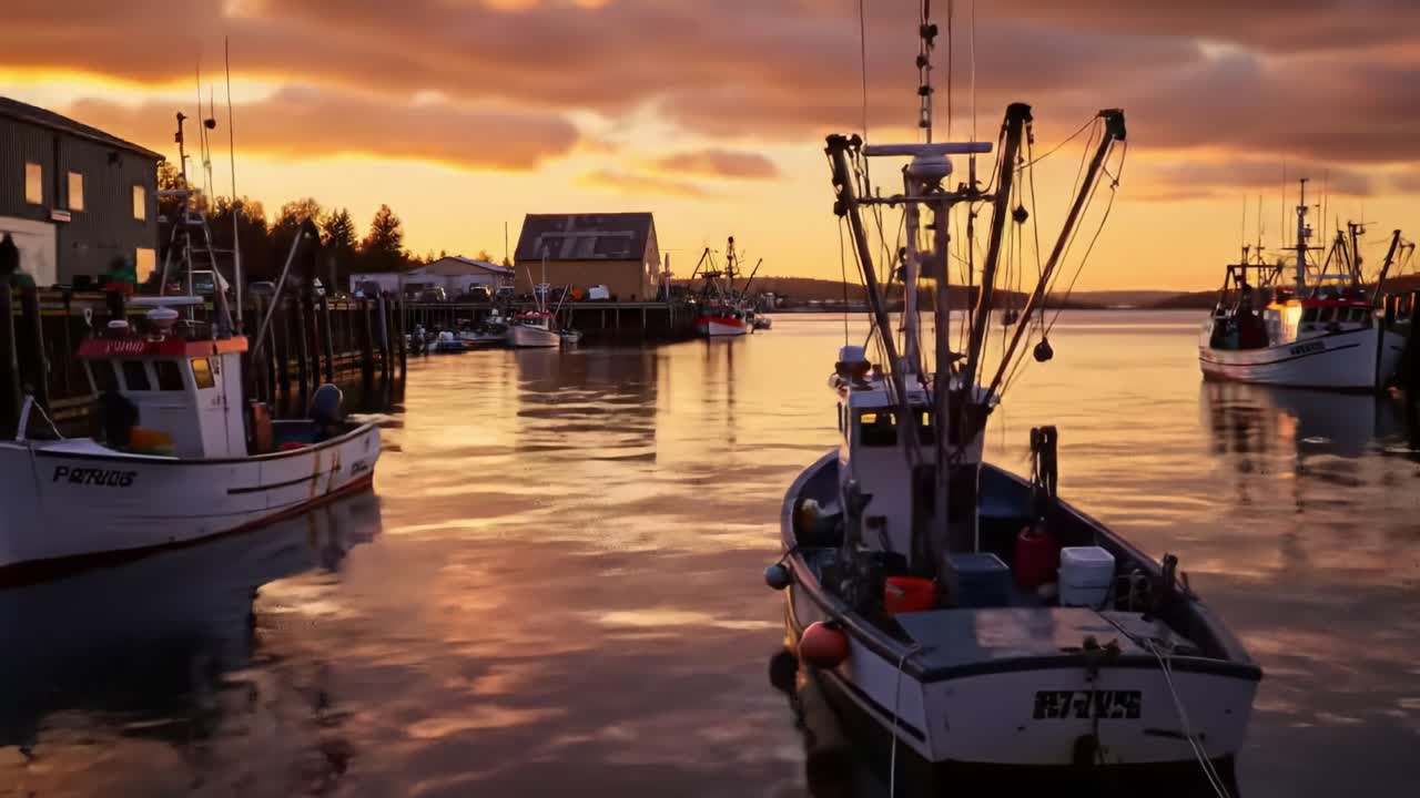 Serene twilight scene at a bustling harbor, with fishing boats gently bobbing on calm waters, reflecting stunning sunset colors and creating a picturesque atmosphere.