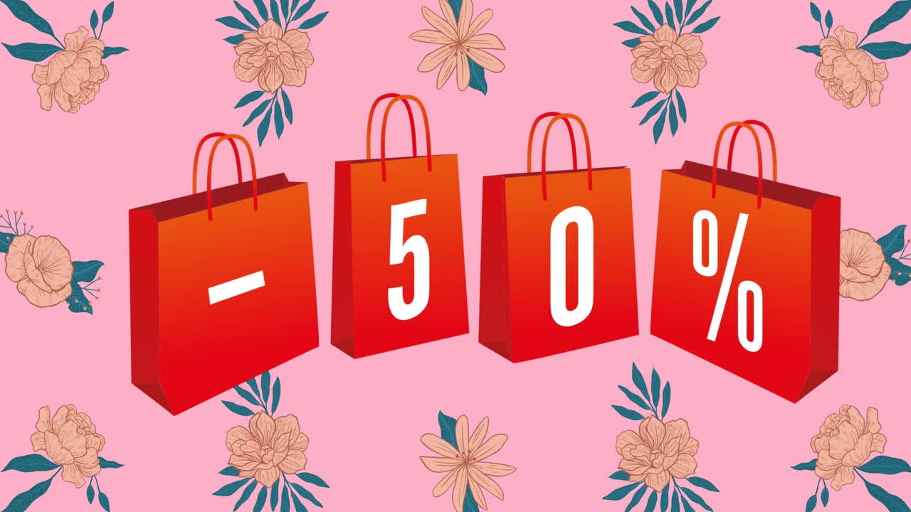 animación de 50 por ciento de texto sobre flores en fondo rosa